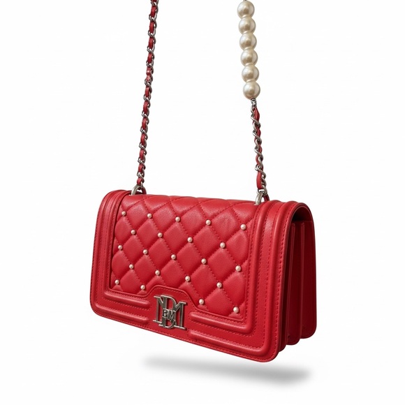 Badgly Handbags - Chic Red Quilted Crossbody Bag with Pearl Chain Vegan Leather ❤️